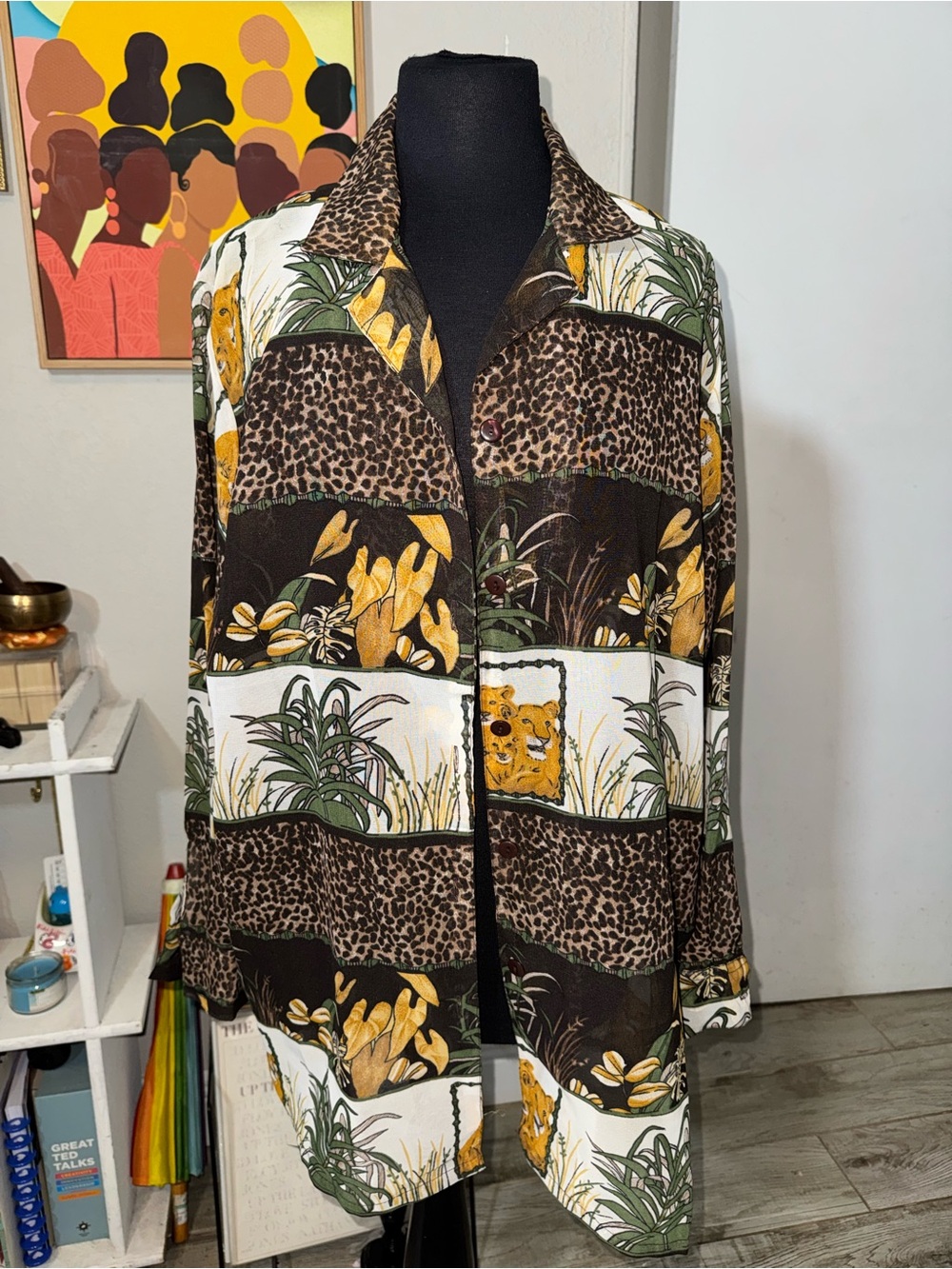 Vintage 90’s Safari Leopard Mix Print Button Up Blouse